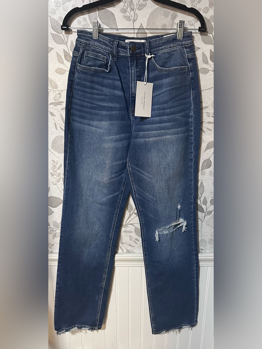 Flying Monkey Straight Leg Distressed Dark Blue Jeans